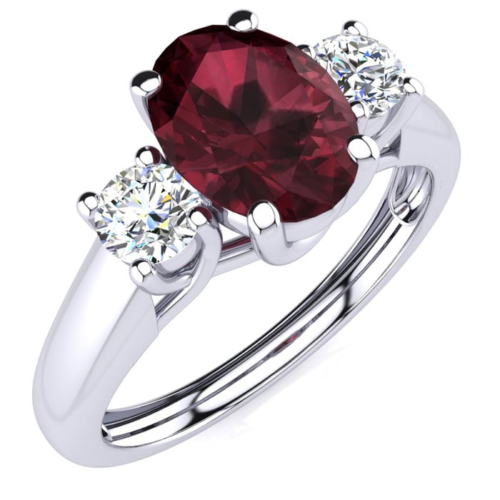 Garnet Ring: Garnet Jewelry: 1 1/5 Carat Oval Shape Garnet and Two Diamond Ring In 14 Karat White Gold
