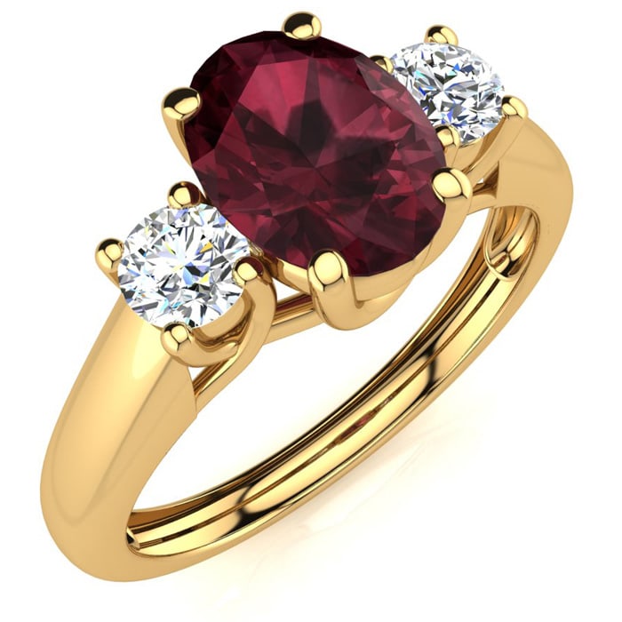 Garnet Ring: Garnet Jewelry: 1 1/5 Carat Oval Shape Garnet and Two Diamond Ring In 14 Karat Yellow Gold