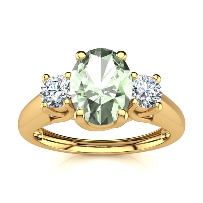 1 Carat Oval Shape Green Amethyst and Two Diamond Ring In 14 Karat Yellow Gold