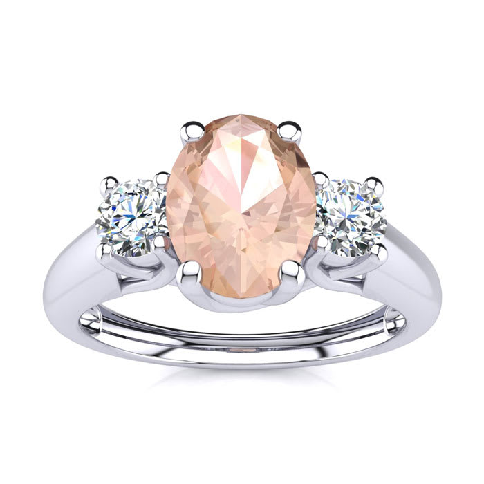 1 Carat Oval Shape Morganite and Two Diamond Ring In 14 Karat White Gold