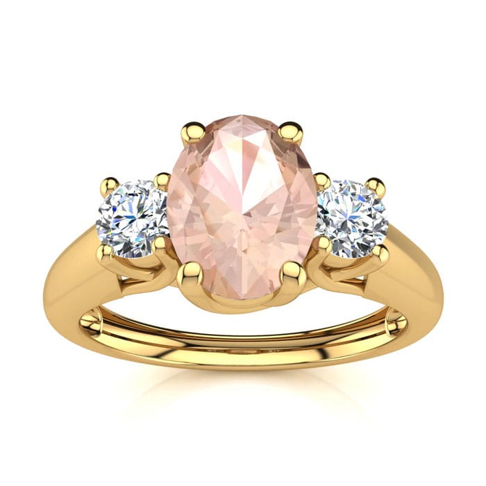 1 Carat Oval Shape Morganite and Two Diamond Ring In 14 Karat Yellow Gold