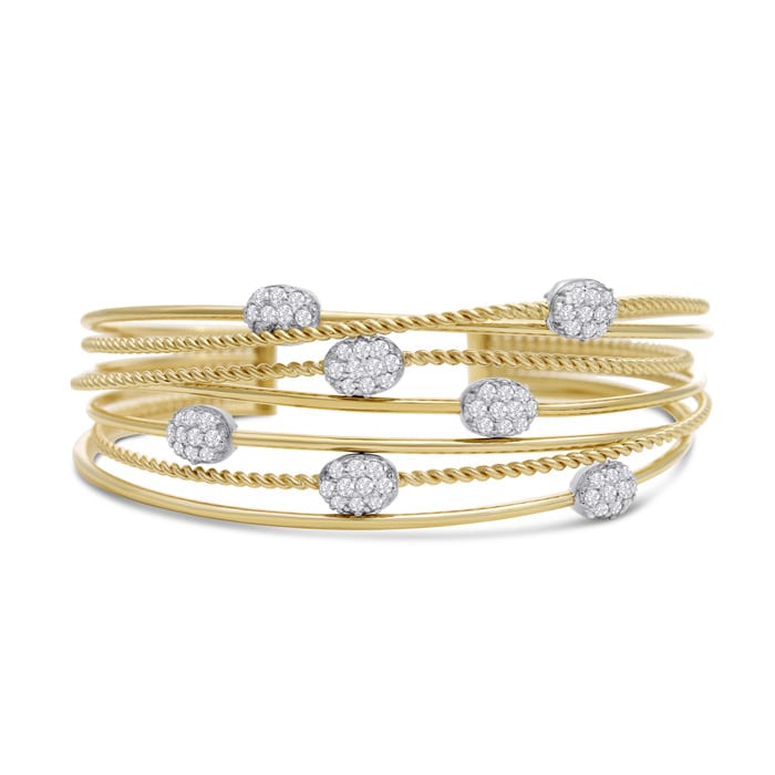 14 Karat Yellow Gold 1 1/2 Carat Pave Diamond Cuff Bangle Bracelet