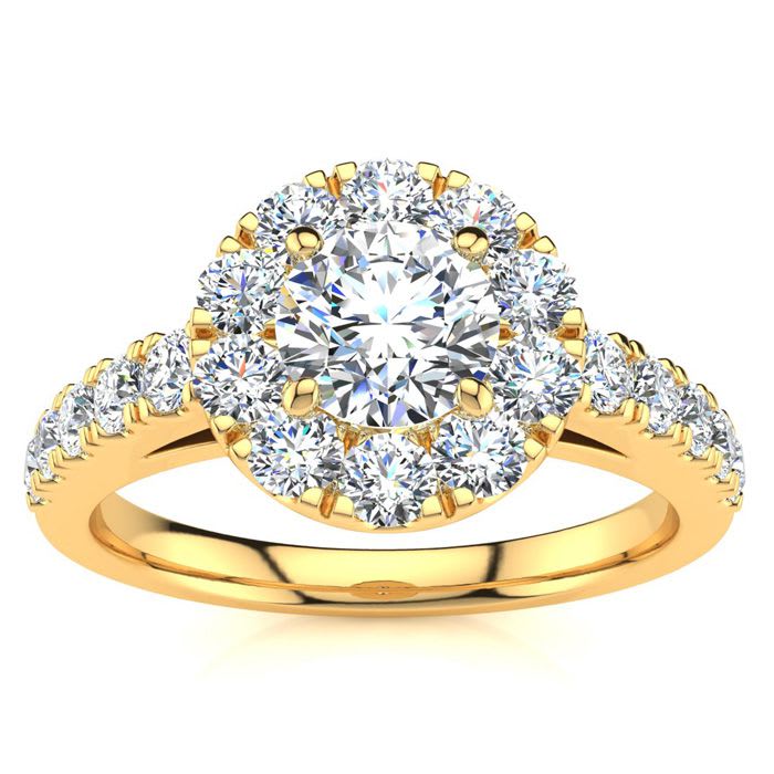 14 Karat Yellow Gold 1 Carat Classic Round Halo Diamond Engagement Ring