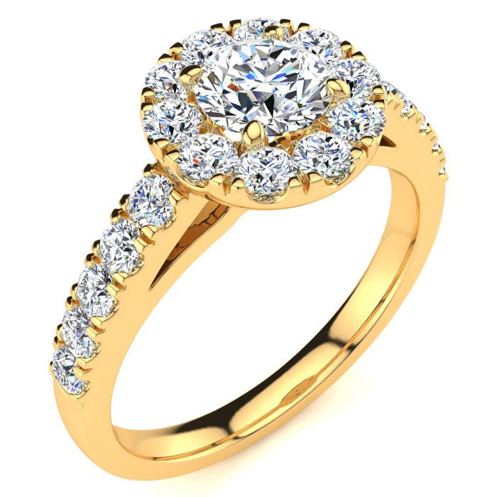14 Karat Yellow Gold 1 Carat Classic Round Halo Diamond Engagement Ring