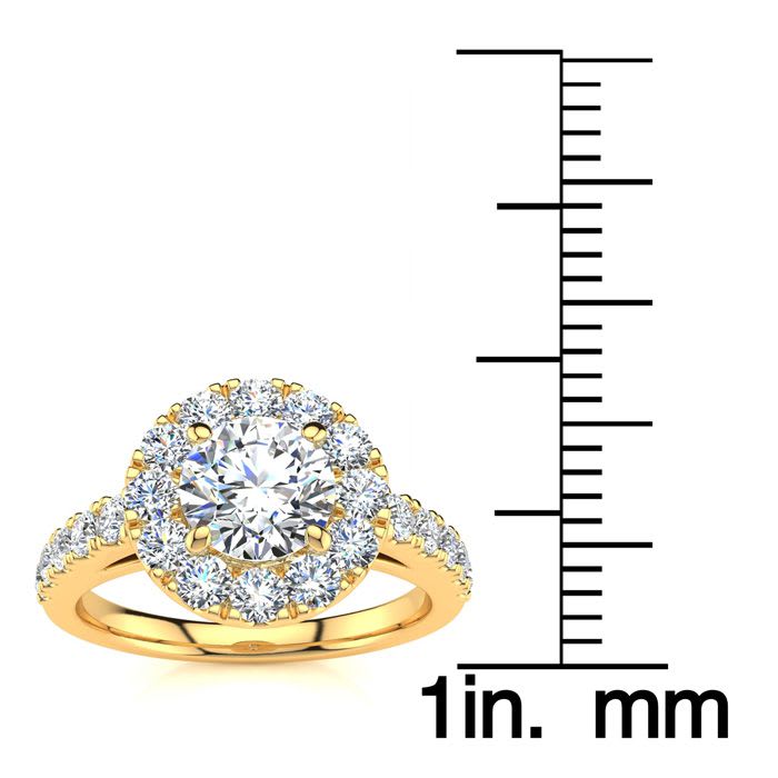 14 Karat Yellow Gold 1 1/3 Carat Classic Round Halo Diamond Engagement Ring