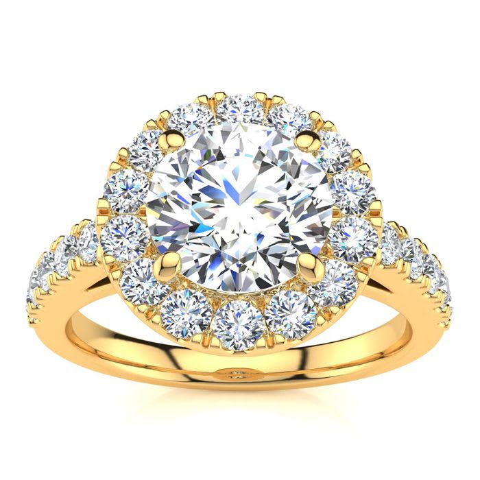 14 Karat Yellow Gold 2 1/4 Carat Classic Round Halo Diamond Engagement Ring