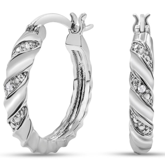 Elegant Swirl Diamond Hoop Earrings, Platinum Overlay, 3/4 Inch
