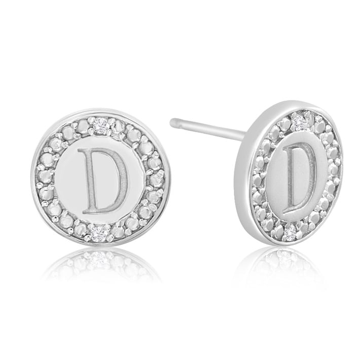 "D" Initial Diamond Stud Earrings In Sterling Silver