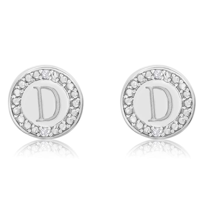 "D" Initial Diamond Stud Earrings In Sterling Silver