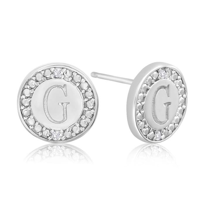 "G" Initial Diamond Stud Earrings In Sterling Silver