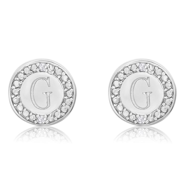"G" Initial Diamond Stud Earrings In Sterling Silver