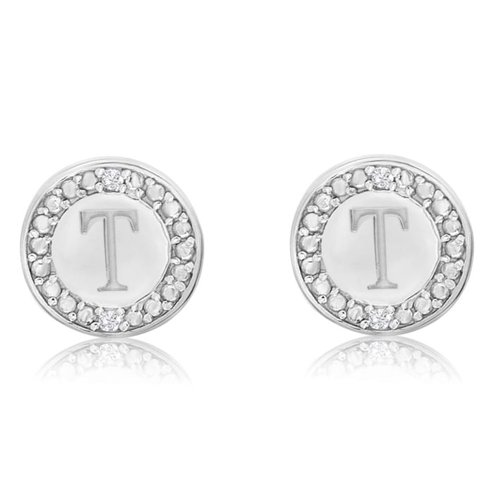 "T" Initial Diamond Stud Earrings In Sterling Silver
