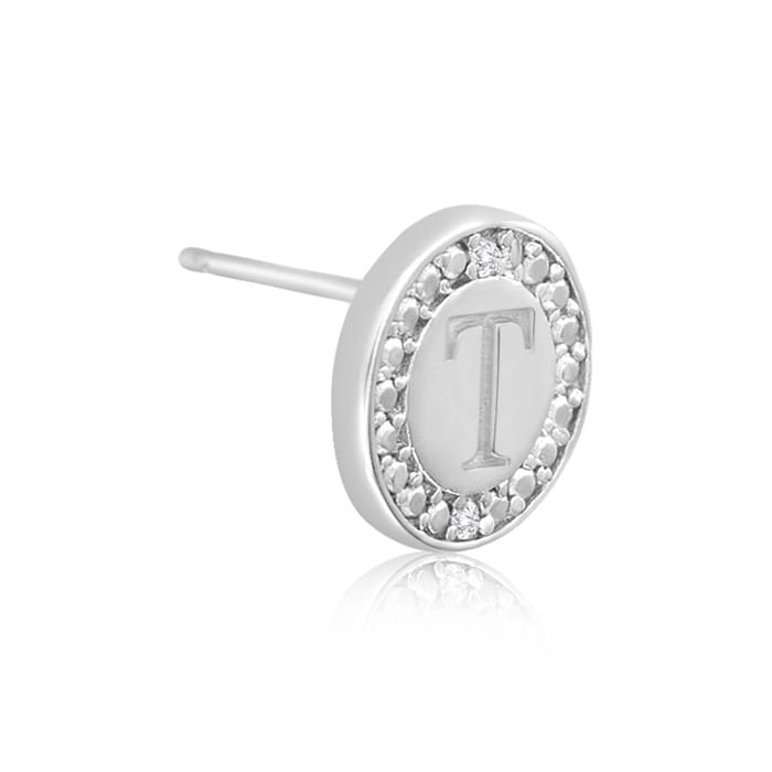 "T" Initial Diamond Stud Earrings In Sterling Silver
