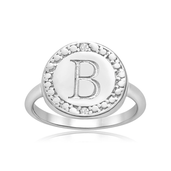 "B" Initial Diamond Pinkie Ring In Sterling Silver
