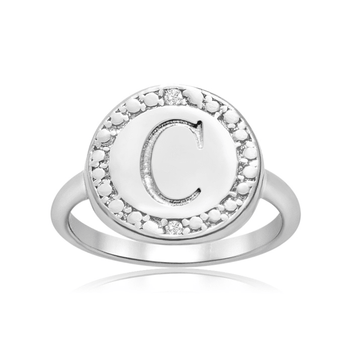 "C" Initial Diamond Pinkie Ring In Sterling Silver
