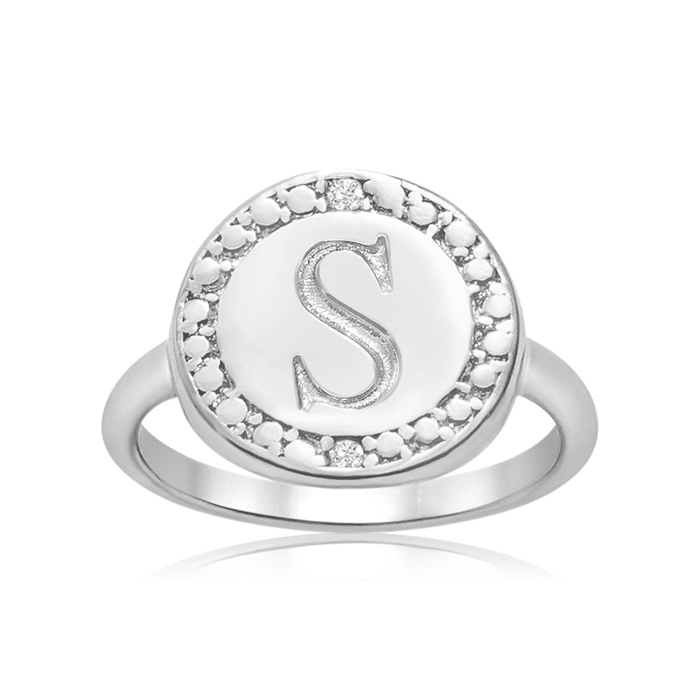 "S" Initial Diamond Pinkie Ring In Sterling Silver
