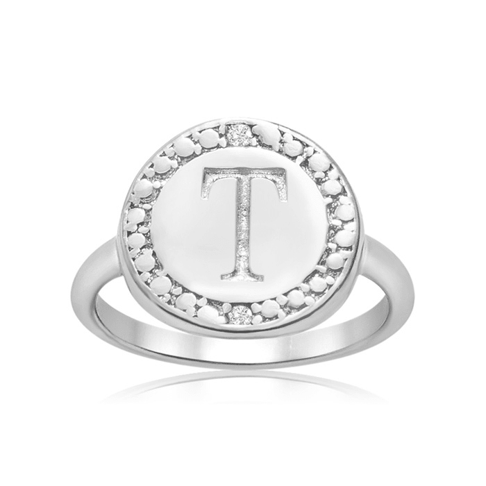 "T" Initial Diamond Pinkie Ring In Sterling Silver
