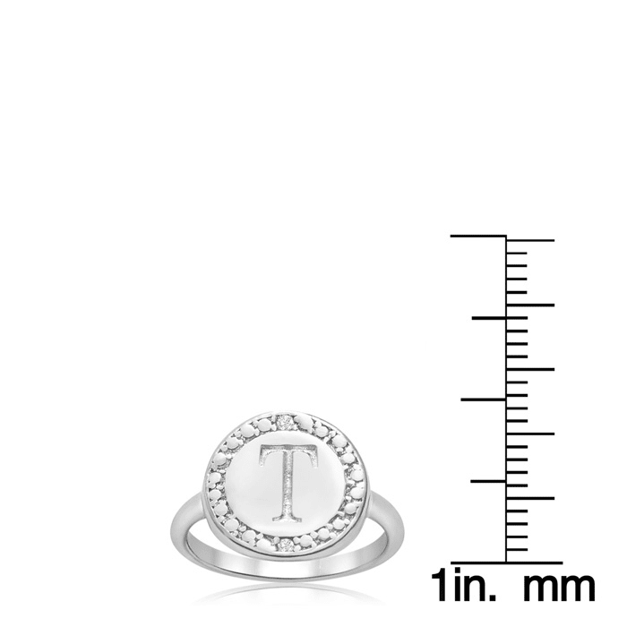 "T" Initial Diamond Pinkie Ring In Sterling Silver
