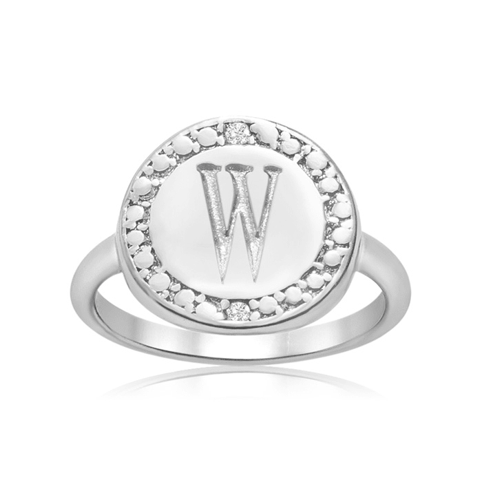 "W" Initial Diamond Pinkie Ring In Sterling Silver
