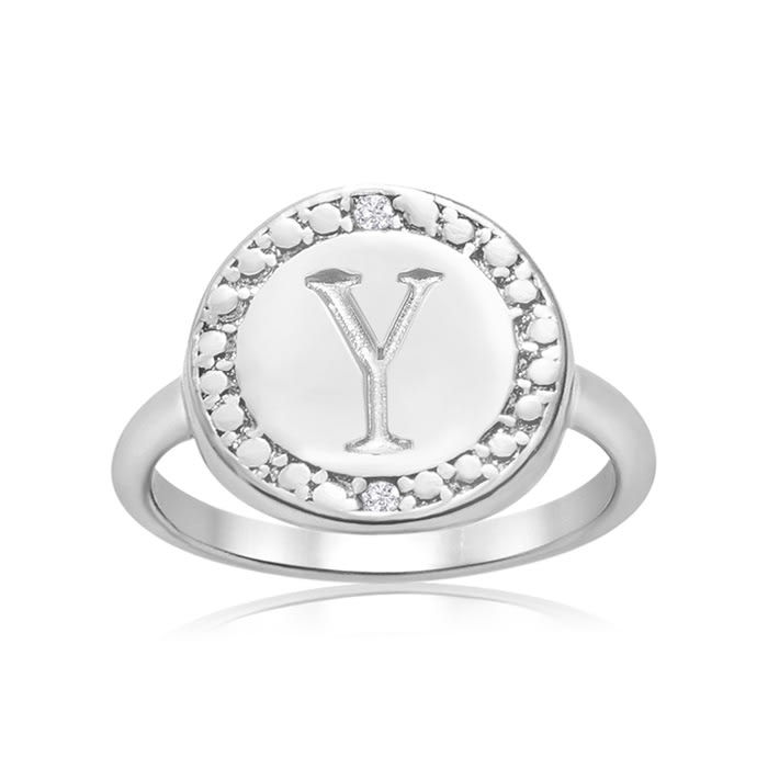 "Y" Initial Diamond Pinkie Ring In Sterling Silver
