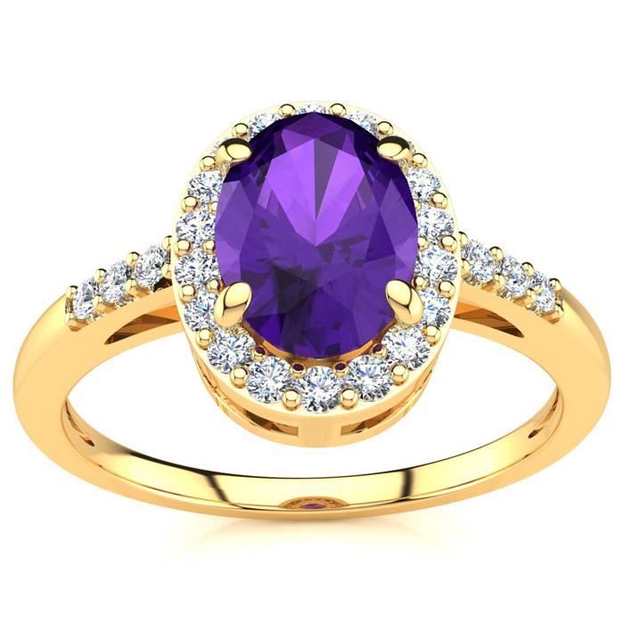 3/4 Carat Oval Shape Amethyst and Halo Diamond Ring In 14K Yellow Gold
