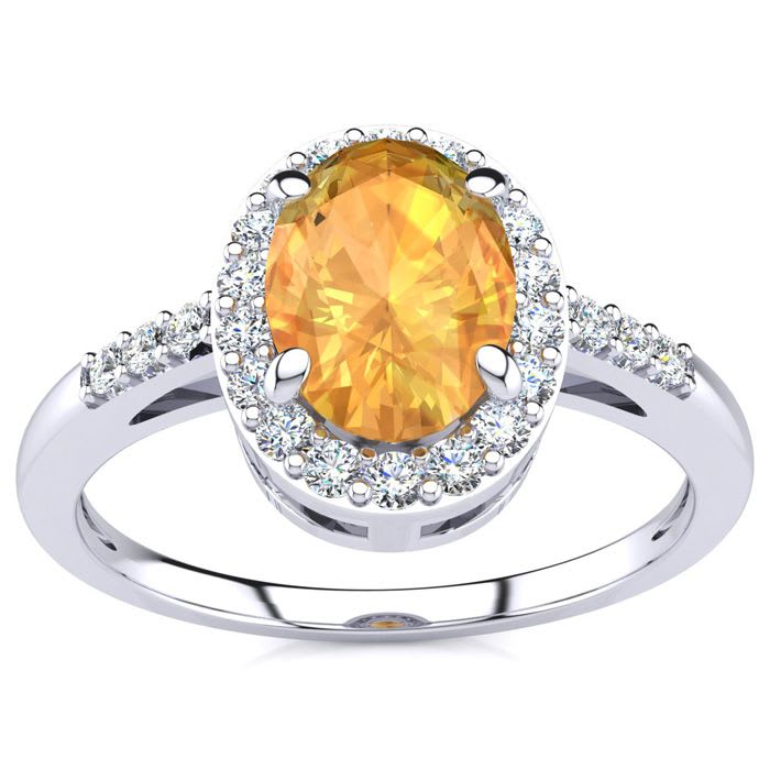 1/2 Carat Oval Shape Citrine and Halo Diamond Ring In 14K White Gold

