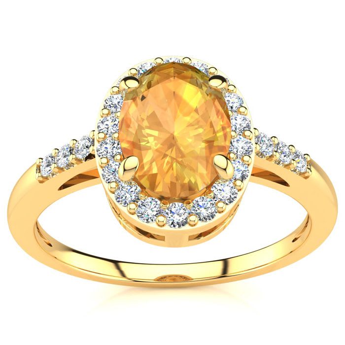 1/2 Carat Oval Shape Citrine and Halo Diamond Ring In 14K Yellow Gold
