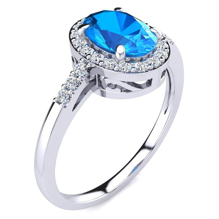 1 Carat Oval Shape Blue Topaz and Halo Diamond Ring In 14K White Gold