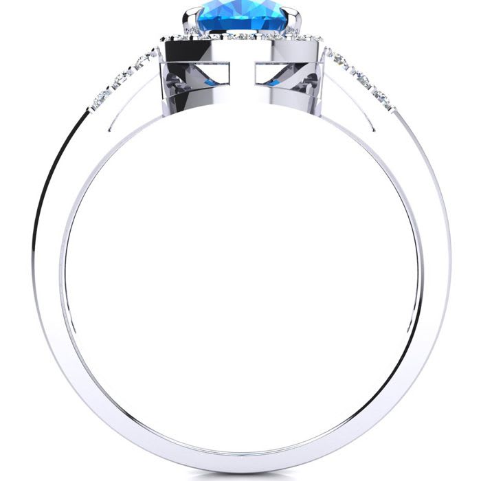 1 Carat Oval Shape Blue Topaz and Halo Diamond Ring In 14K White Gold