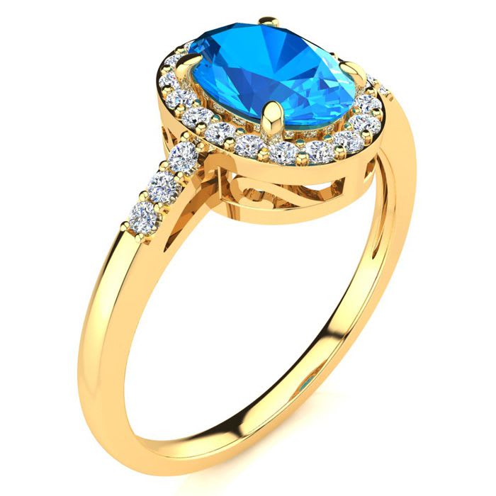 1 Carat Oval Shape Blue Topaz and Halo Diamond Ring In 14K Yellow Gold