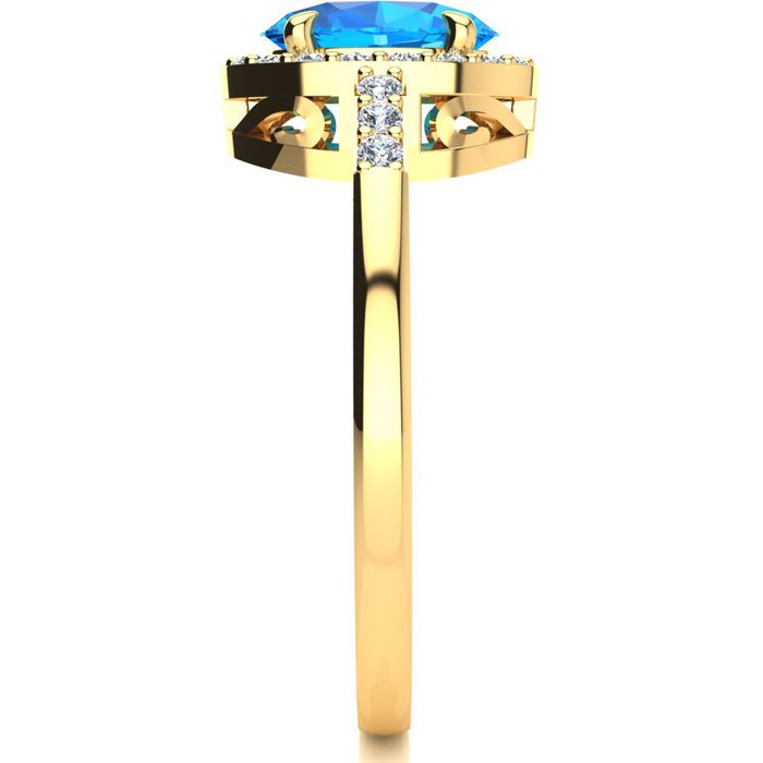 1 Carat Oval Shape Blue Topaz and Halo Diamond Ring In 14K Yellow Gold