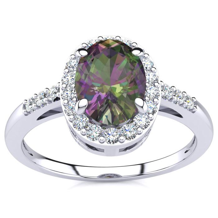 3/4 Carat Oval Shape Mystic Topaz Ring With Diamond Halo In 14 Karat White Gold