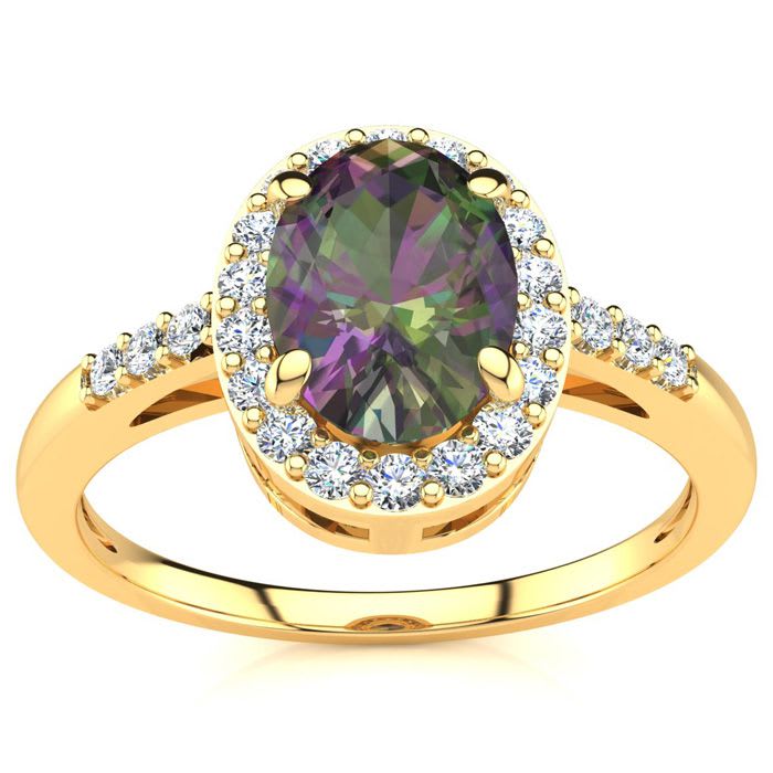 3/4 Carat Oval Shape Mystic Topaz Ring With Diamond Halo In 14 Karat Yellow Gold