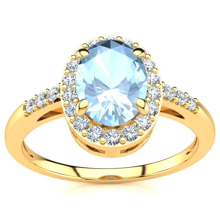 Aquamarine Ring: Aquamarine Jewelry: 1 Carat Oval Shape Aquamarine and Halo Diamond Ring In 14K Yellow Gold