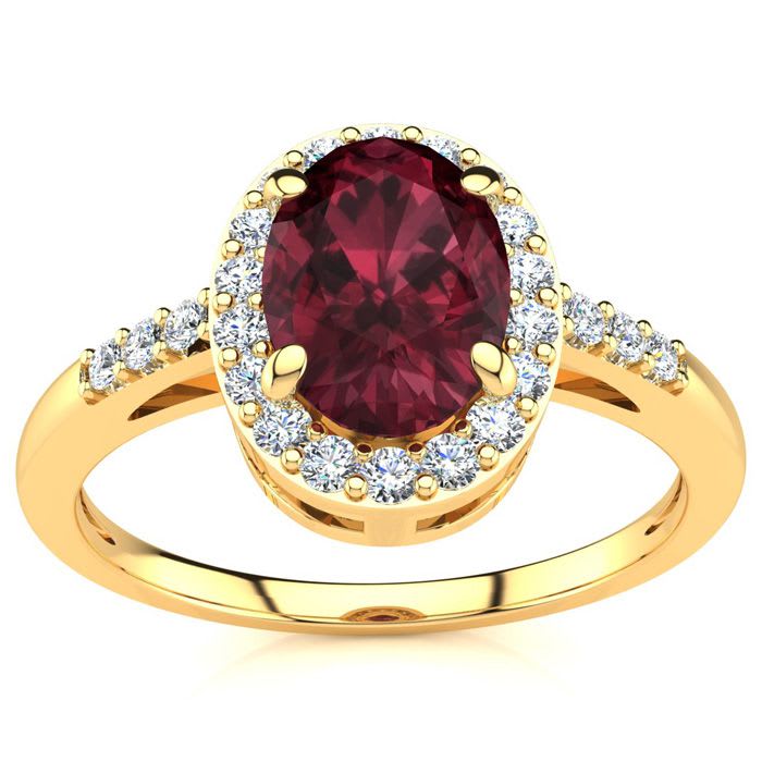 Garnet Ring: Garnet Jewelry: 1 Carat Oval Shape Garnet and Halo Diamond Ring In 14K Yellow Gold