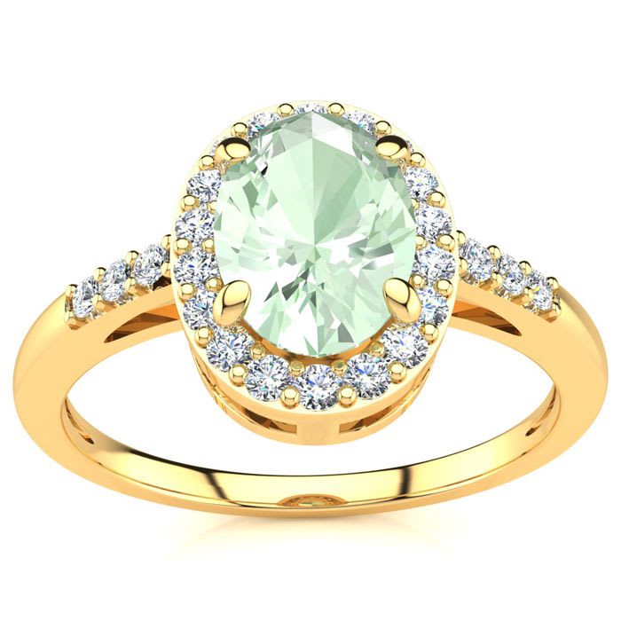 3/4 Carat Oval Shape Green Amethyst and Halo Diamond Ring In 14K Yellow Gold