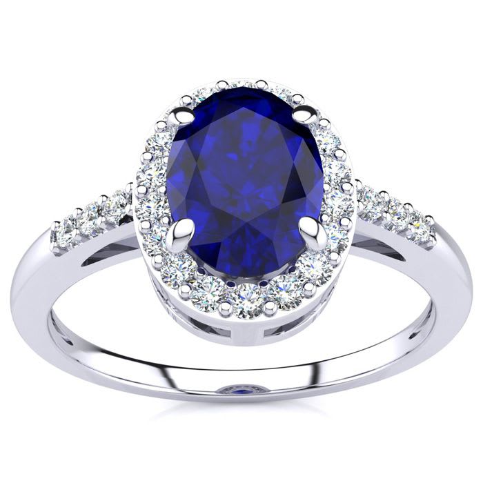 1 Carat Oval Shape Sapphire and Halo Diamond Ring In 14K White Gold