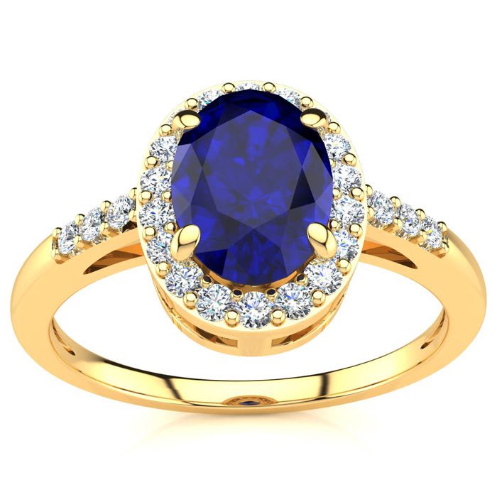 1 Carat Oval Shape Sapphire and Halo Diamond Ring In 14K Yellow Gold
