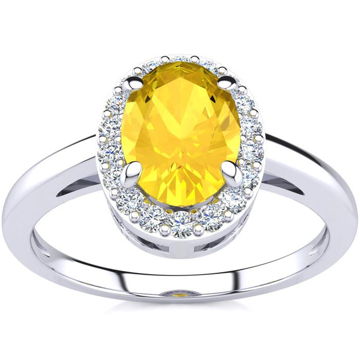 1/2 Carat Oval Shape Citrine and Halo Diamond Ring In 14K White Gold
