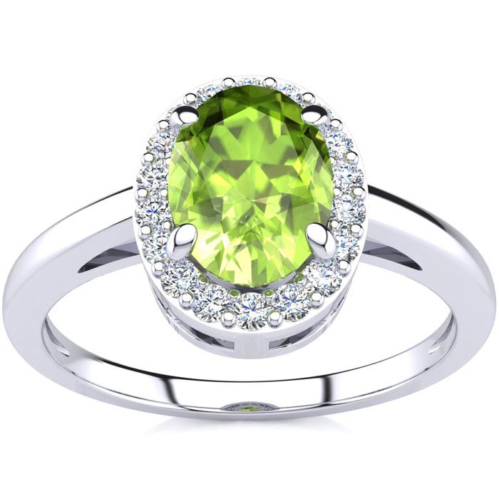 1 Carat Oval Shape Peridot and Halo Diamond Ring In 14K White Gold
