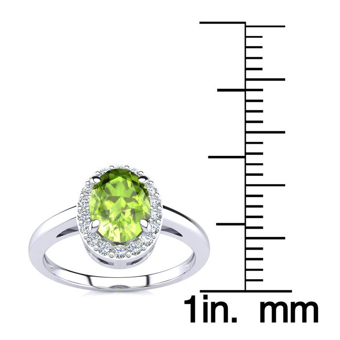 1 Carat Oval Shape Peridot and Halo Diamond Ring In 14K White Gold
