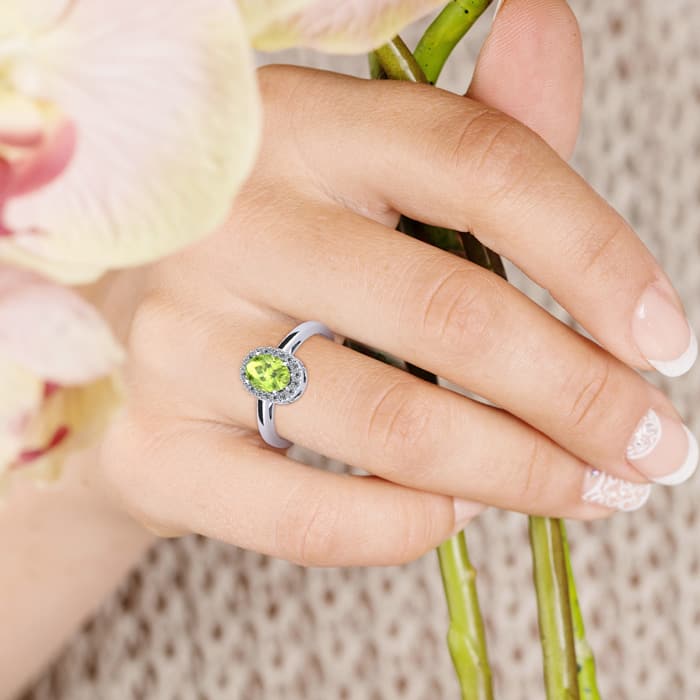 1 Carat Oval Shape Peridot and Halo Diamond Ring In 14K White Gold
