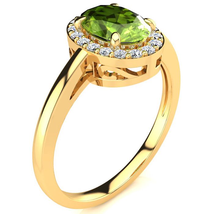 1 Carat Oval Shape Peridot and Halo Diamond Ring In 14K Yellow Gold
