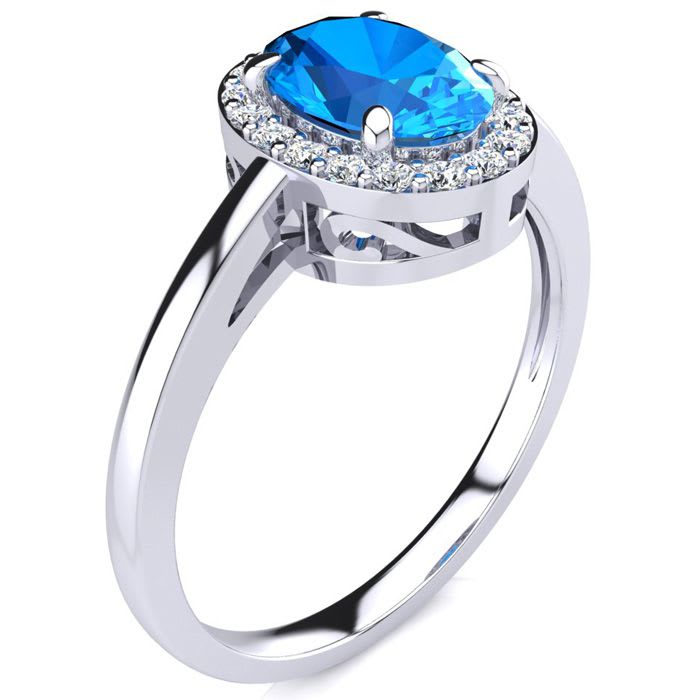 1 Carat Oval Shape Blue Topaz and Halo Diamond Ring In 14K White Gold