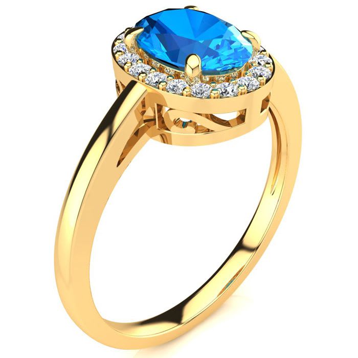 1 Carat Oval Shape Blue Topaz and Halo Diamond Ring In 14K Yellow Gold