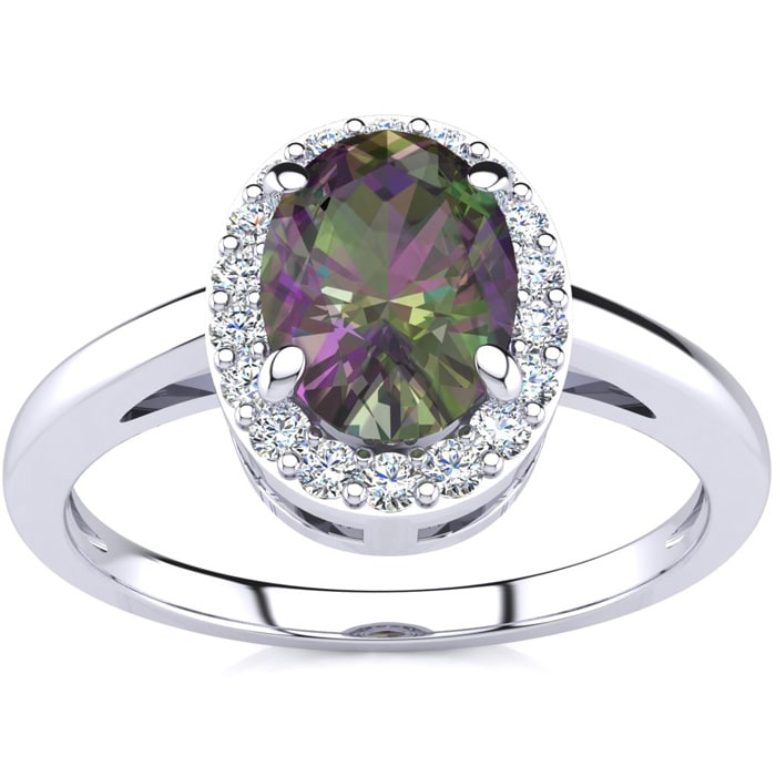 3/4 Carat Oval Shape Mystic Topaz Ring With Diamond Halo In 14 Karat White Gold