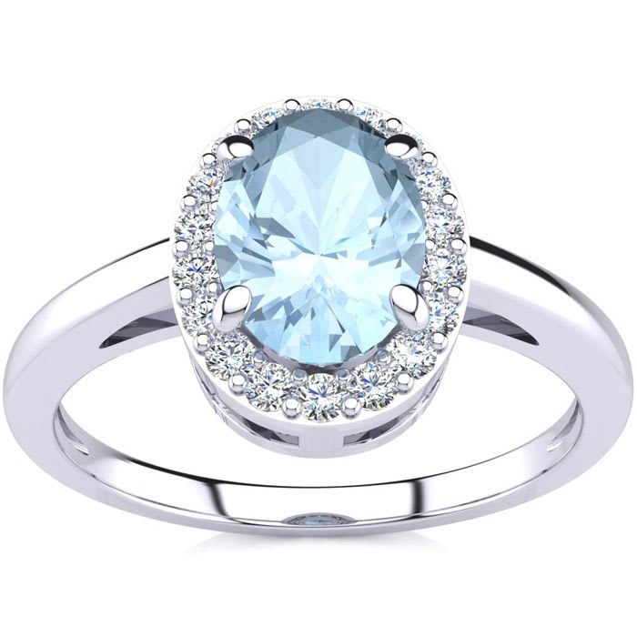 Aquamarine Ring: Aquamarine Jewelry: 1 Carat Oval Shape Aquamarine and Halo Diamond Ring In 14K White Gold