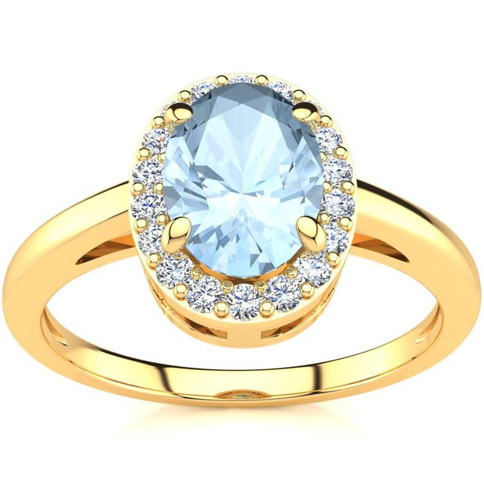 Aquamarine Ring: Aquamarine Jewelry: 1 Carat Oval Shape Aquamarine and Halo Diamond Ring In 14K Yellow Gold