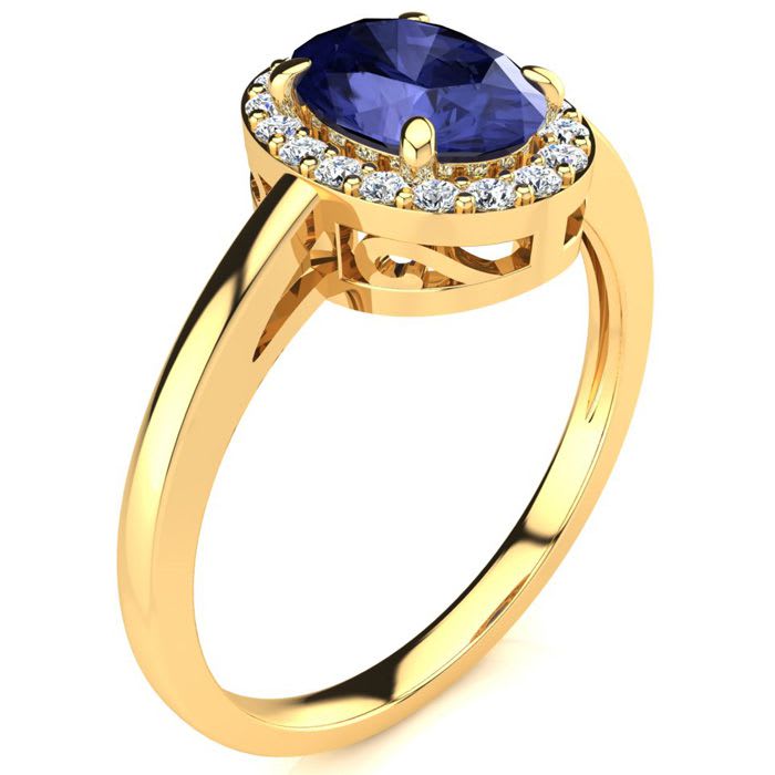 1 Carat Oval Shape Tanzanite and Halo Diamond Ring In 14K Yellow Gold