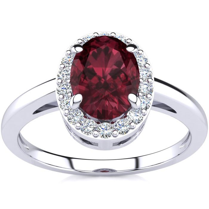 Garnet Ring: Garnet Jewelry: 1 Carat Oval Shape Garnet and Halo Diamond Ring In 14K White Gold